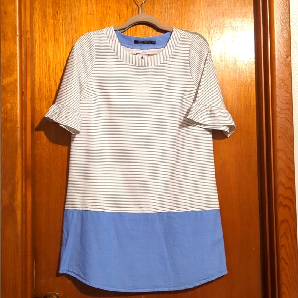 Chambray & Polyester Dress with bell sleeves - S